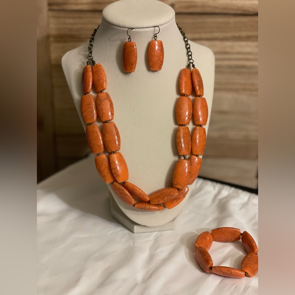 Orange Beaded Necklace Set